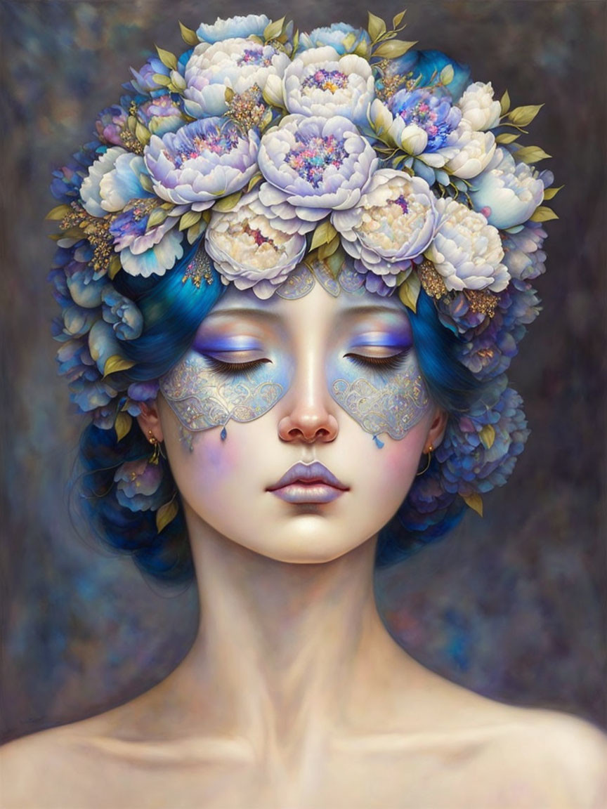 Serene woman with blue makeup and floral crown