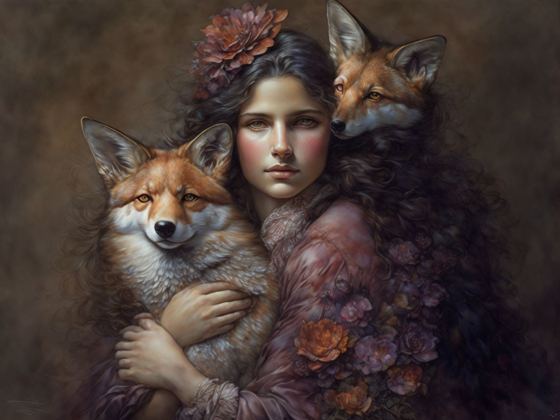 Woman with long hair embraces two foxes against muted background