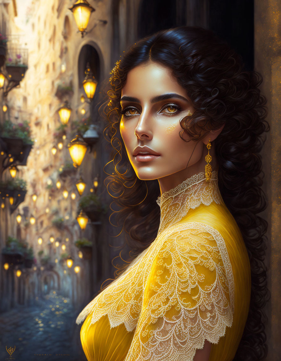 Curly-haired woman in yellow lace dress with golden earrings in lantern-lit alley