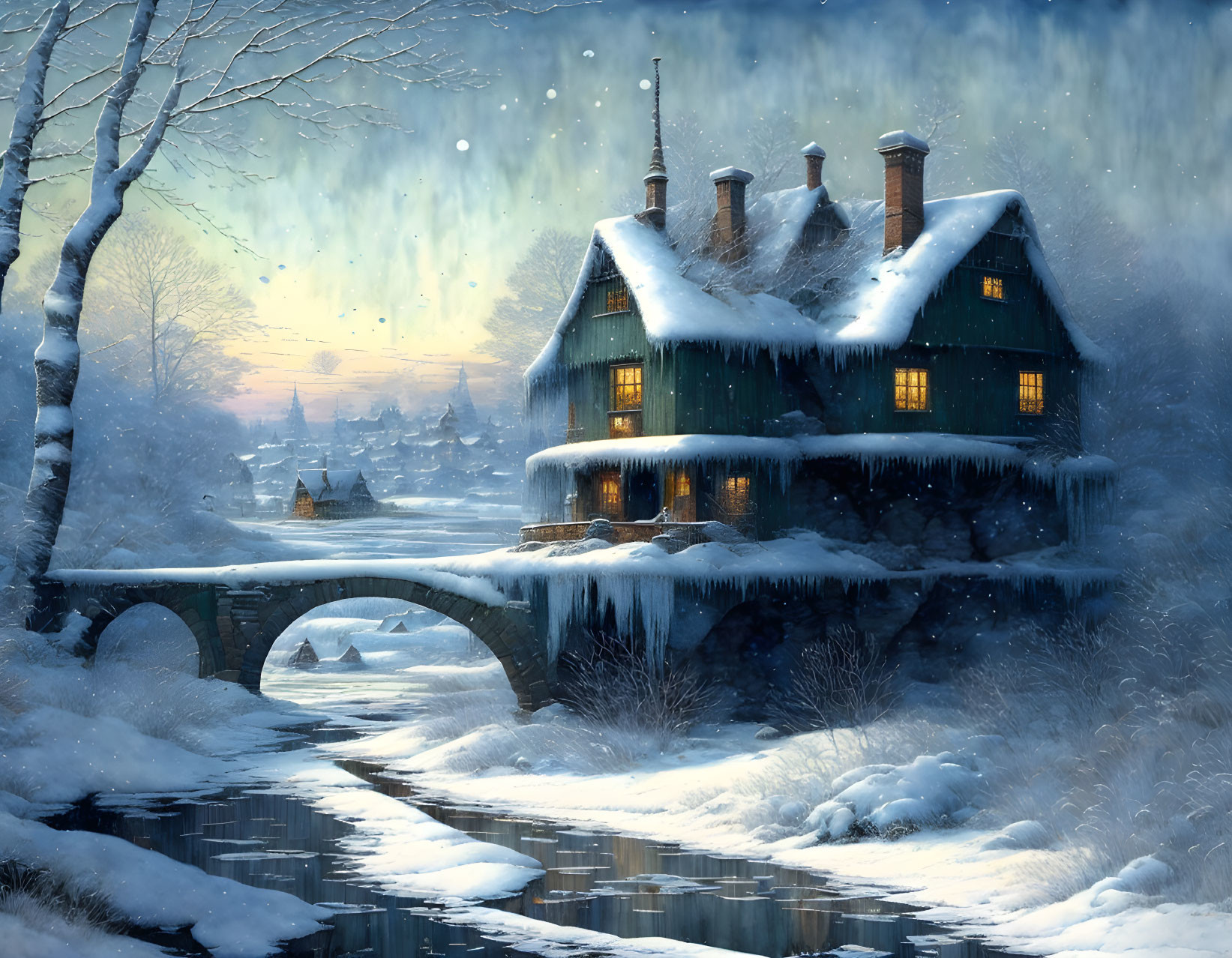 Snow-covered house near frozen river at twilight