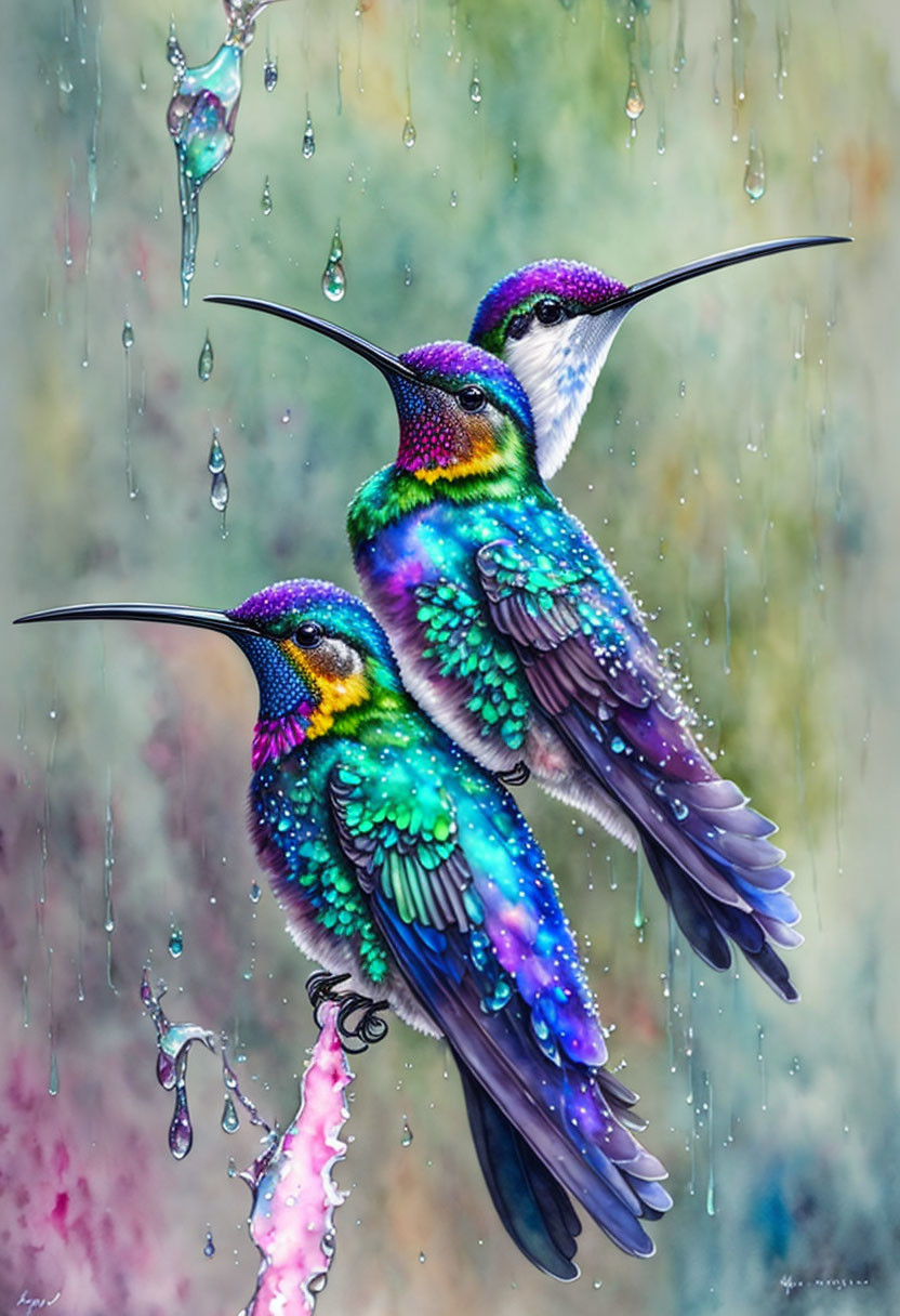 Colorful Hummingbirds Perched on Branch with Water Droplets