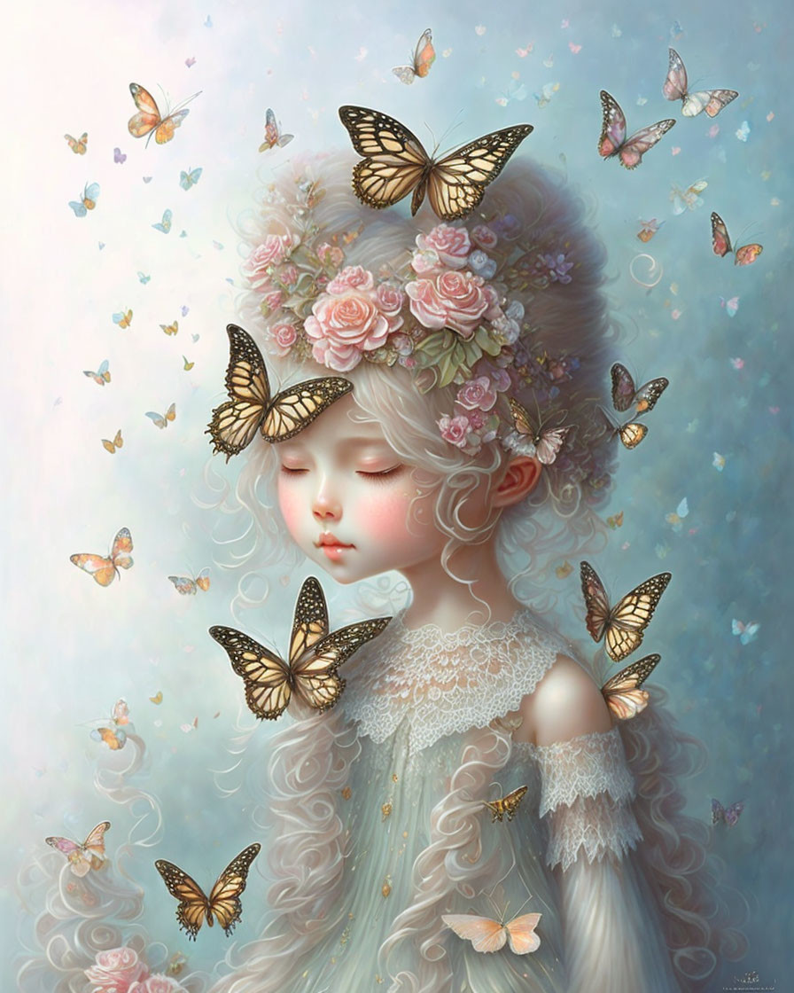 Illustration of girl with flowers and butterflies on pastel background