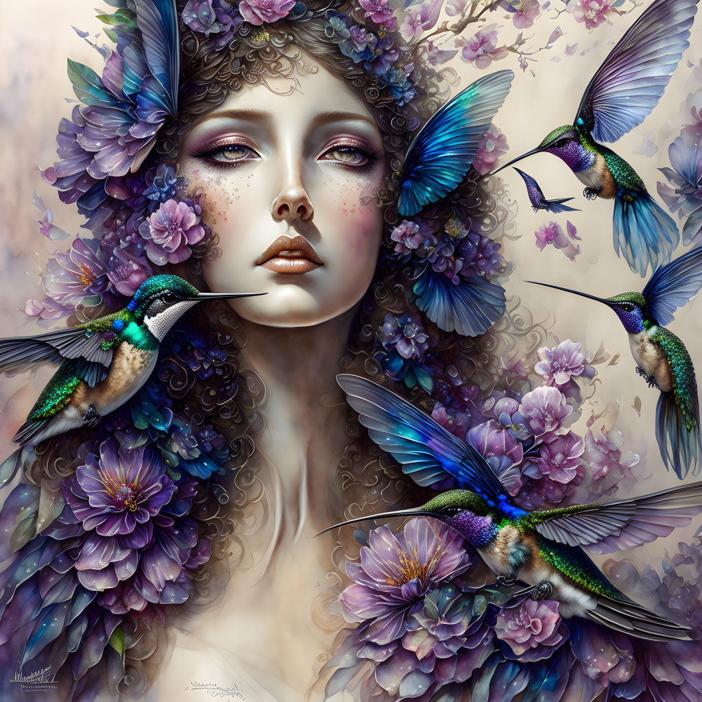 Surreal illustration of woman with purple flowers and hummingbirds on textured background