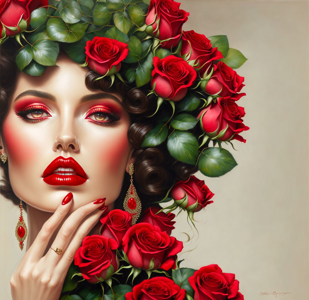 Portrait of Woman with Red Makeup and Rose Adorned Hair