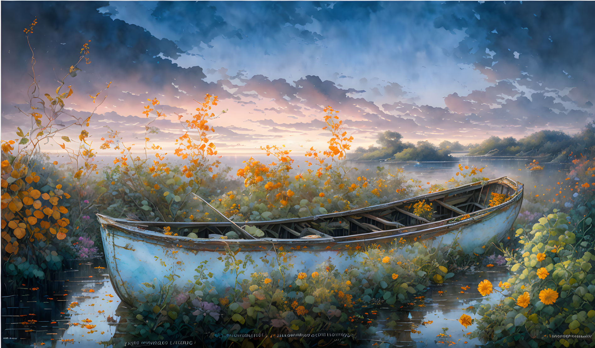 Old Boat Surrounded by Orange Flowers on Tranquil River at Sunrise