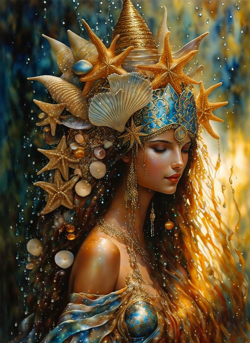 Woman with Sea-Themed Crown, Blue Mask, and Golden Hair