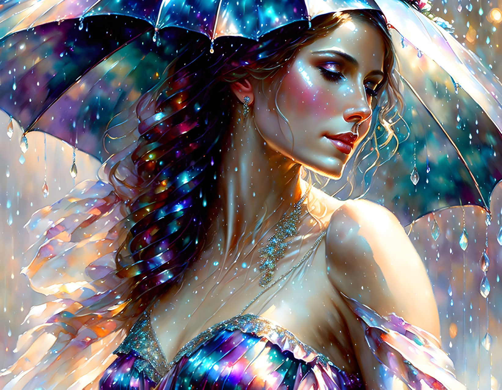 Fantasy digital artwork: Woman with iridescent butterfly wings in raindrops