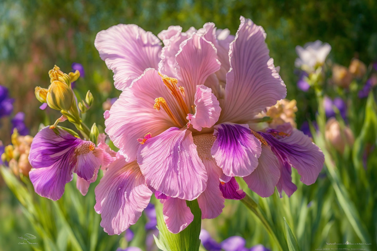 Colorful Pink and Purple Irises with Ruffled Petals and Green Foliage