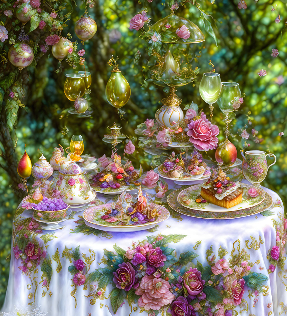 Elegant table setting with floral porcelain, glass ornaments, and cake on green backdrop