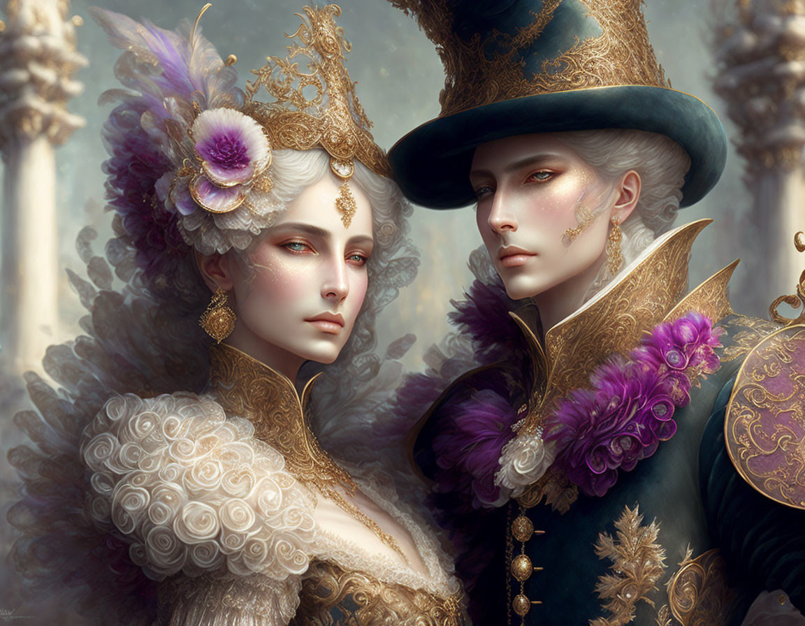 Regal couple in ornate attire with golden details and feathers on misty backdrop