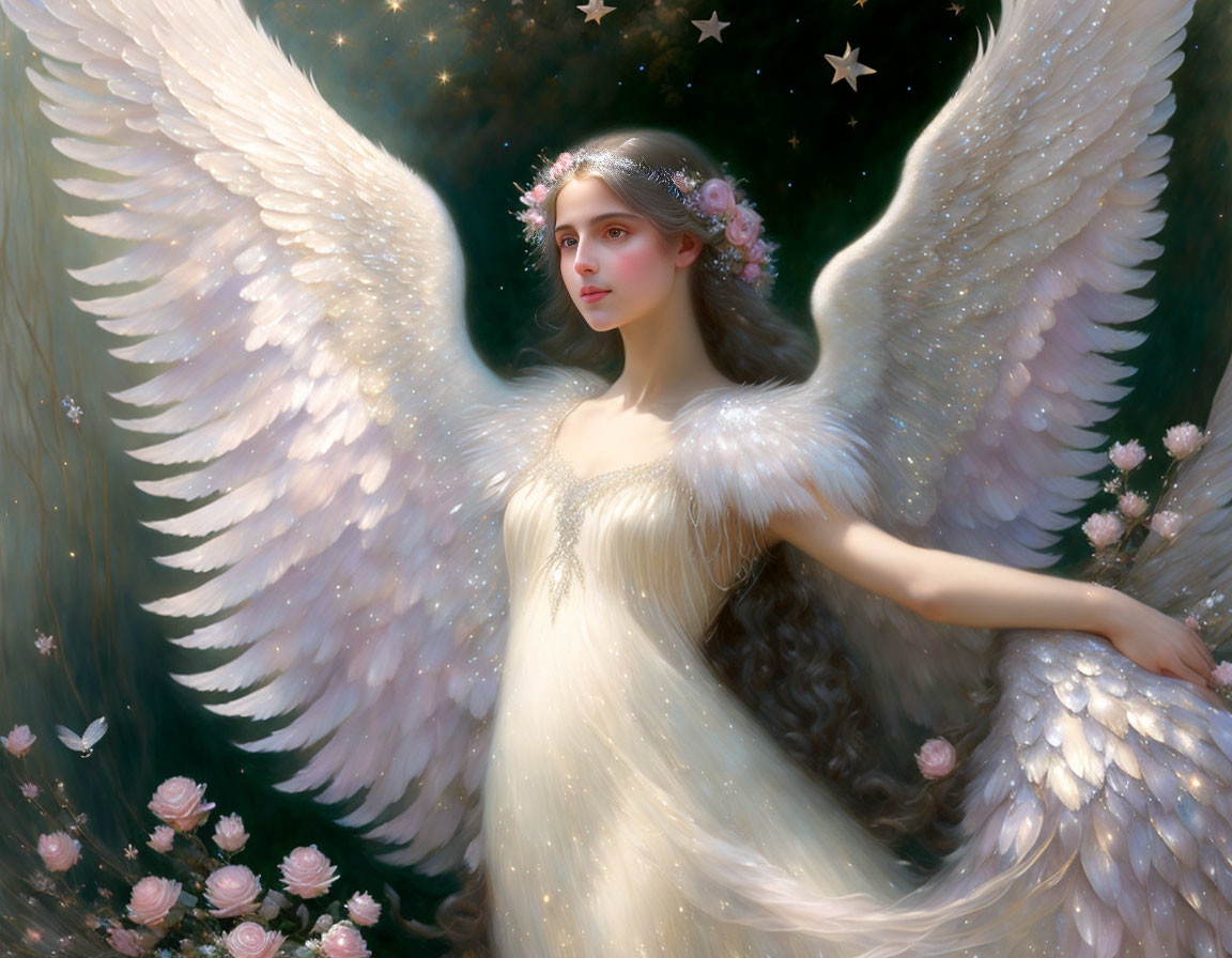 Ethereal angel with white wings and floral crown in starry setting