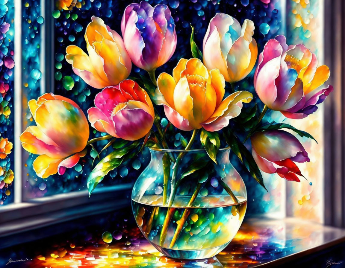 Colorful Tulip Bouquet Painting with Raindrop Reflections