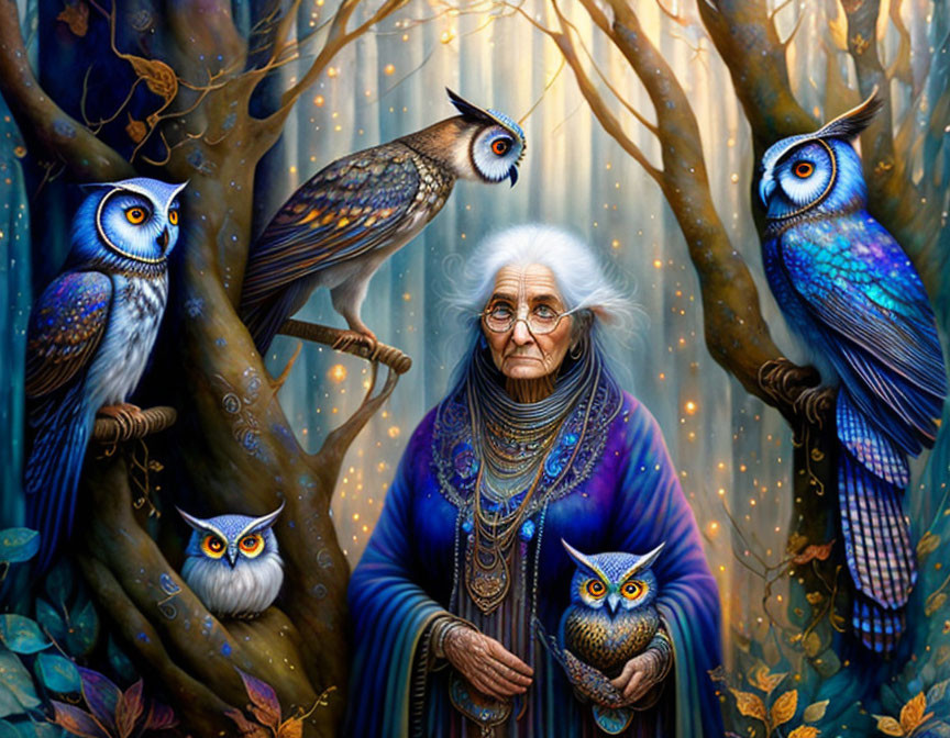 Elderly woman in mystical forest with vibrant owls