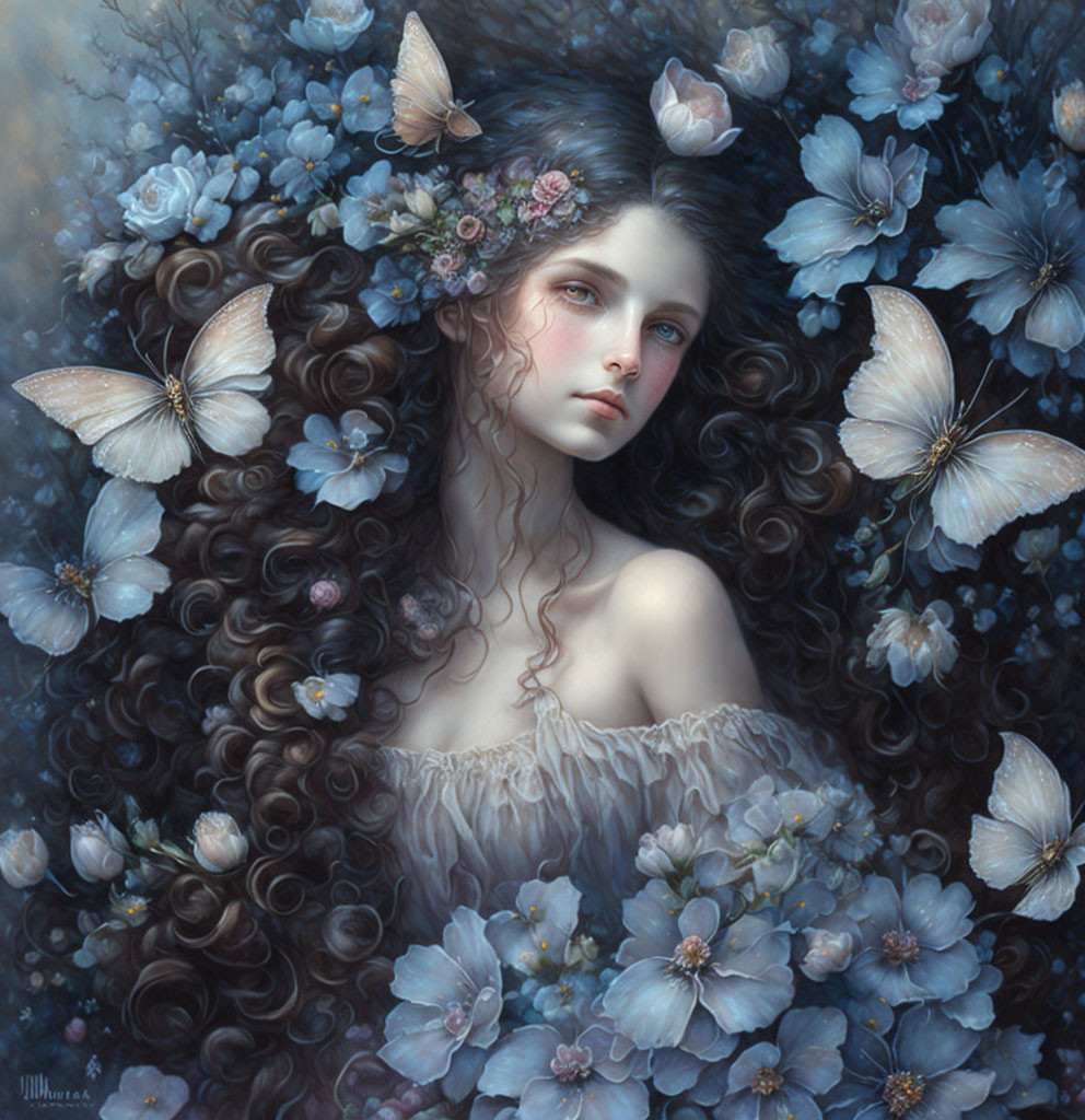 Woman with Curly Hair, Flowers, and Butterflies in Dreamlike Painting