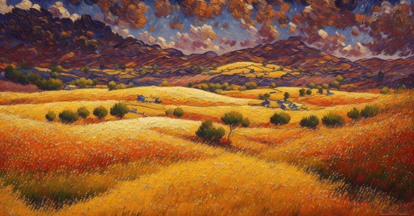 Impressionist painting of golden wheat field and rolling hills