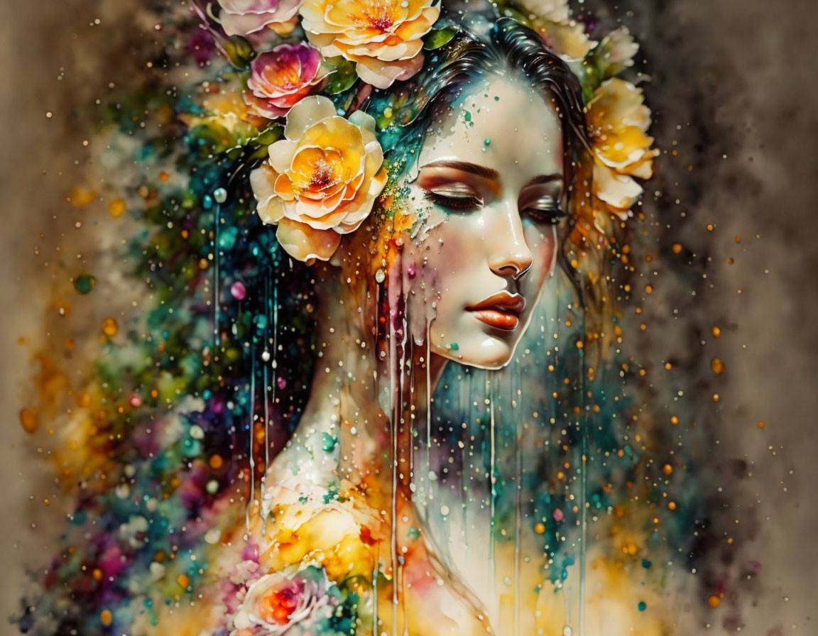 Vibrant floral portrait of a woman with closed eyes surrounded by colorful paint splashes