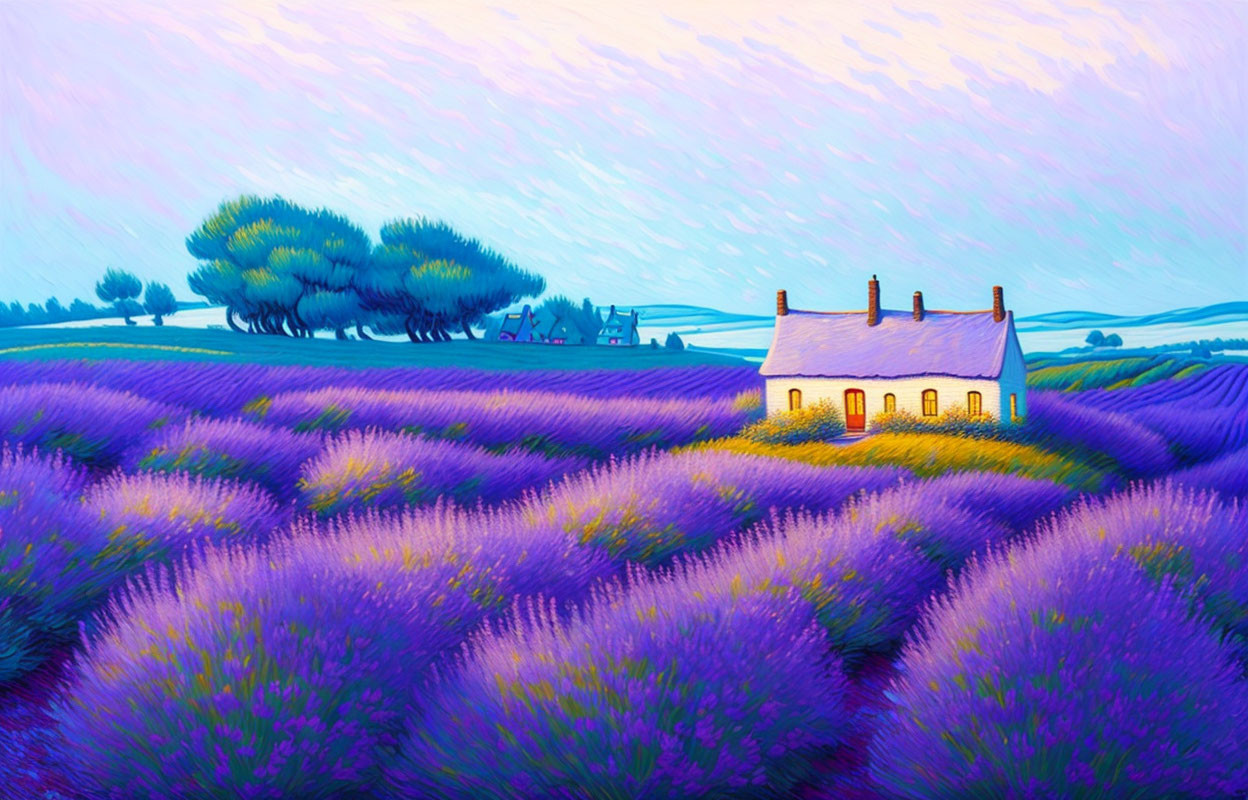 Scenic painting of white house in lavender fields