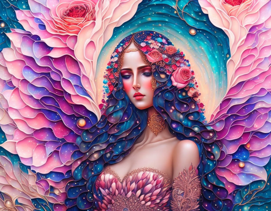 Illustration of woman with floral and celestial patterns in hair among pink and purple roses