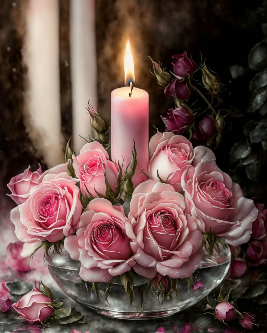 Pink candle with roses and candles in glass bowl setting