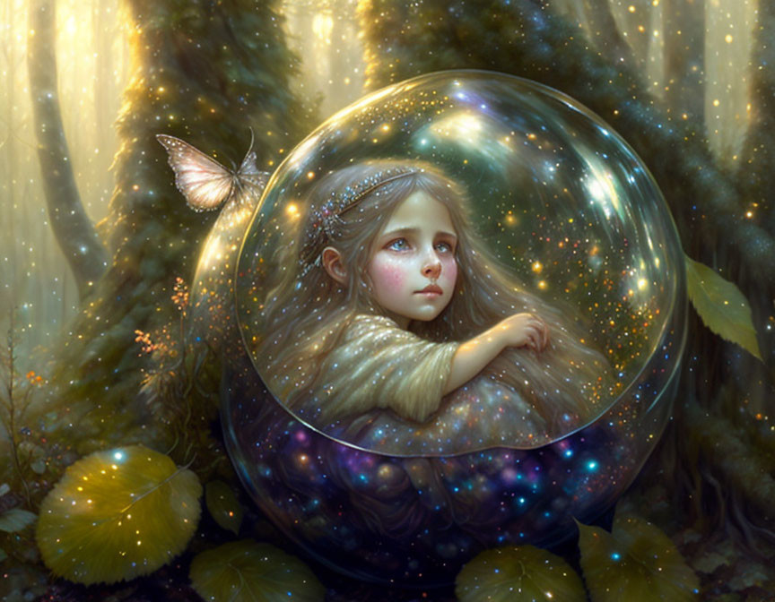 Young girl in translucent bubble surrounded by mystical forest and luminous butterfly.