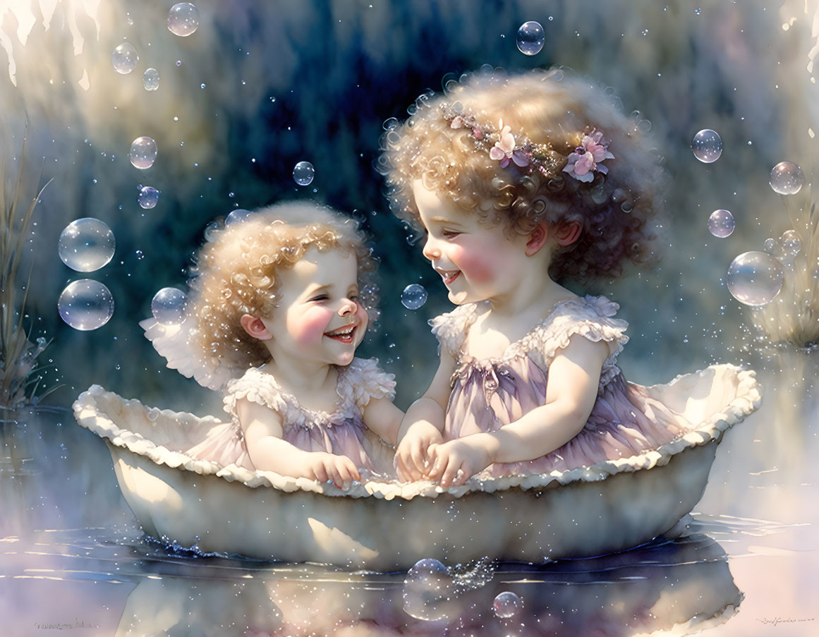 Two young girls in frilly dresses laughing in seashell boat among floating bubbles