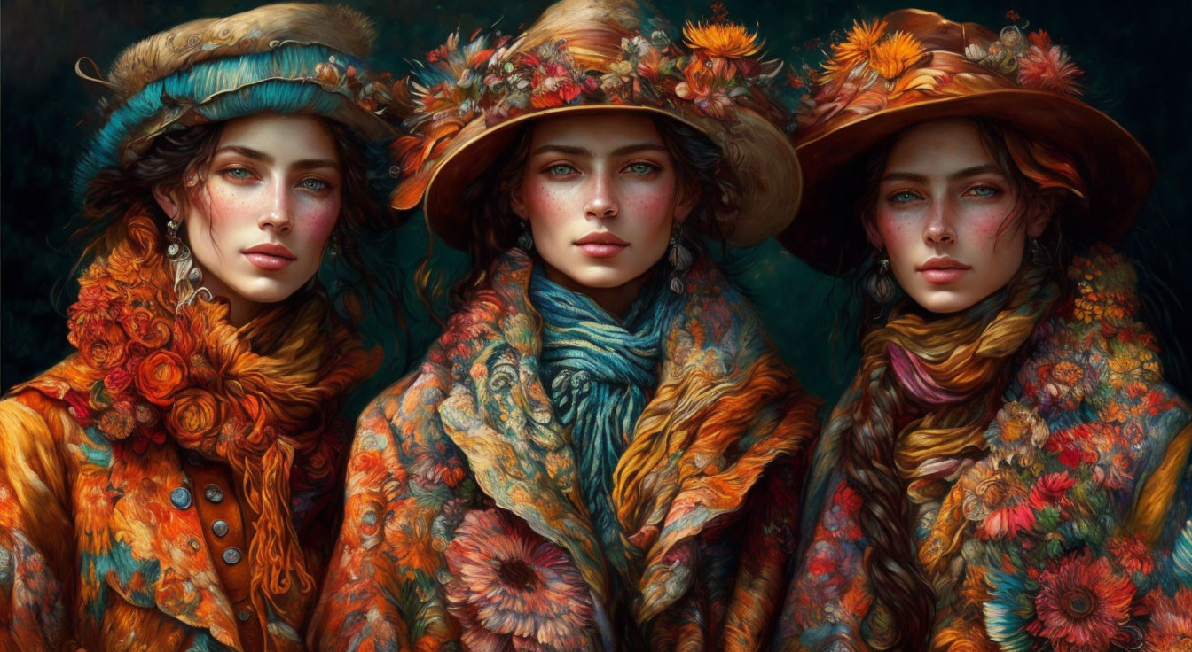 Three women in floral hats and scarves with rich autumnal colors and detailed brushwork.