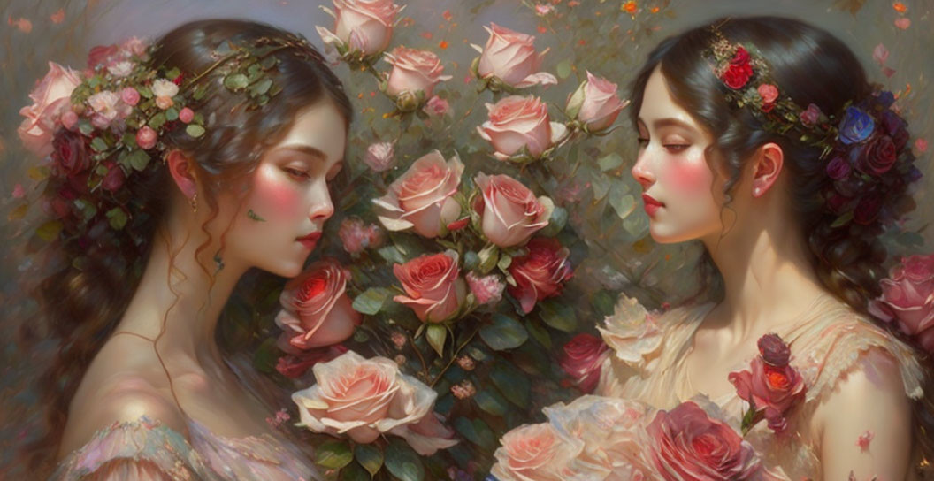 Women with Floral Crowns Surrounded by Roses in Soft-Focus Painting