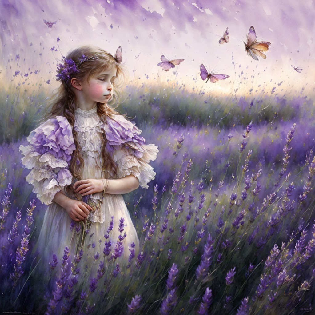 Young girl in vintage dress surrounded by butterflies in lavender field at dusk