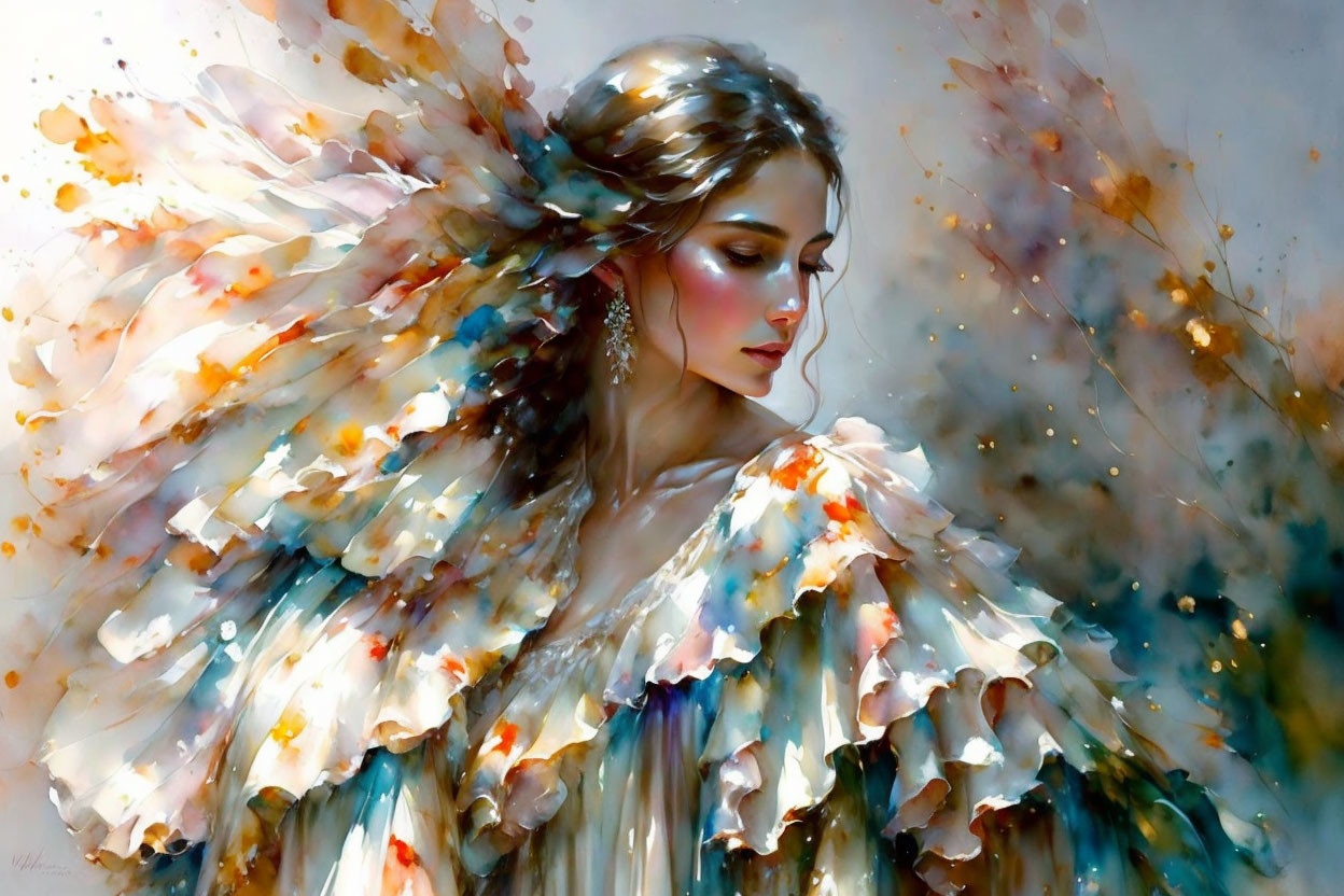 Ethereal woman painting in soft white, gold, and brown colors