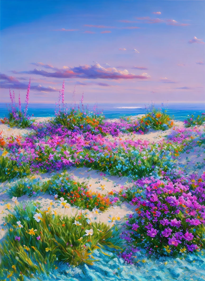 Colorful flowers and serene ocean in vibrant beach scene