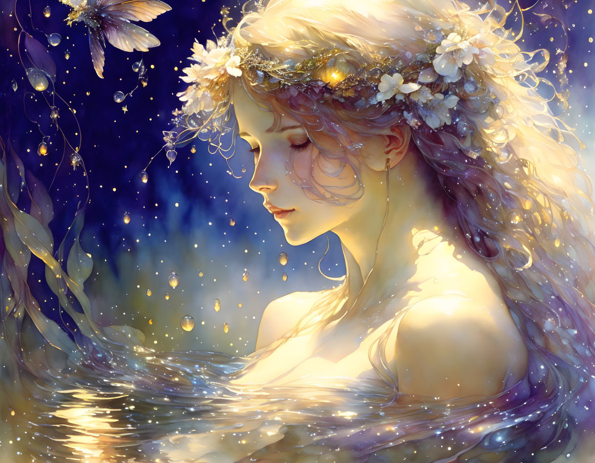 Tranquil woman with floral crown in starry, ethereal setting.