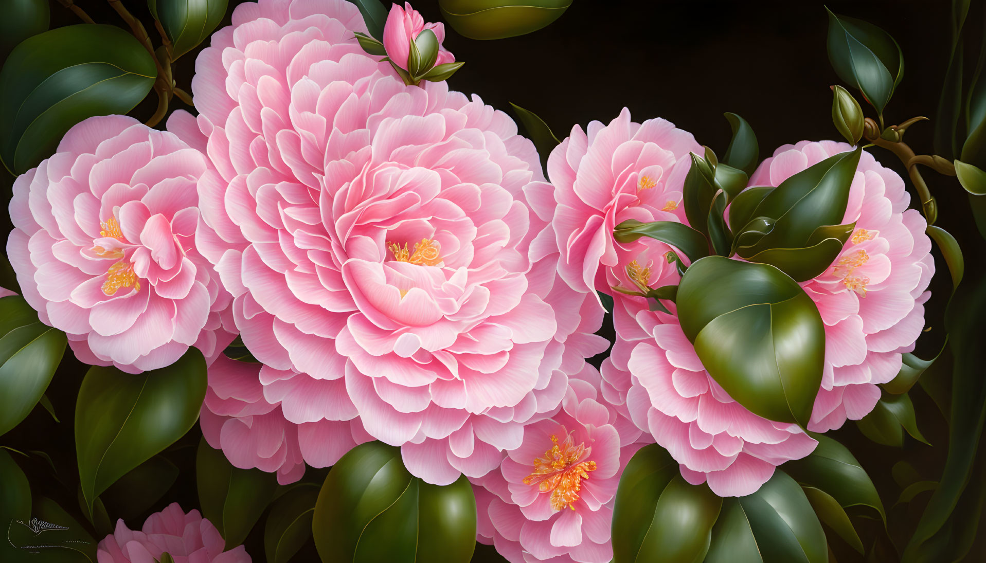 Pink Camellia Flowers in Full Bloom on Dark Background