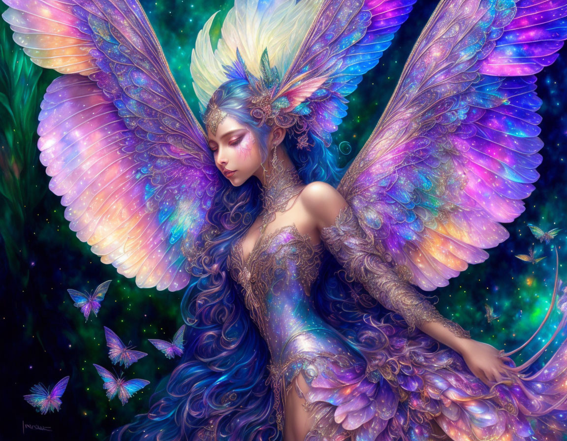 Digital artwork of female figure with fairy wings and butterflies in cosmic setting