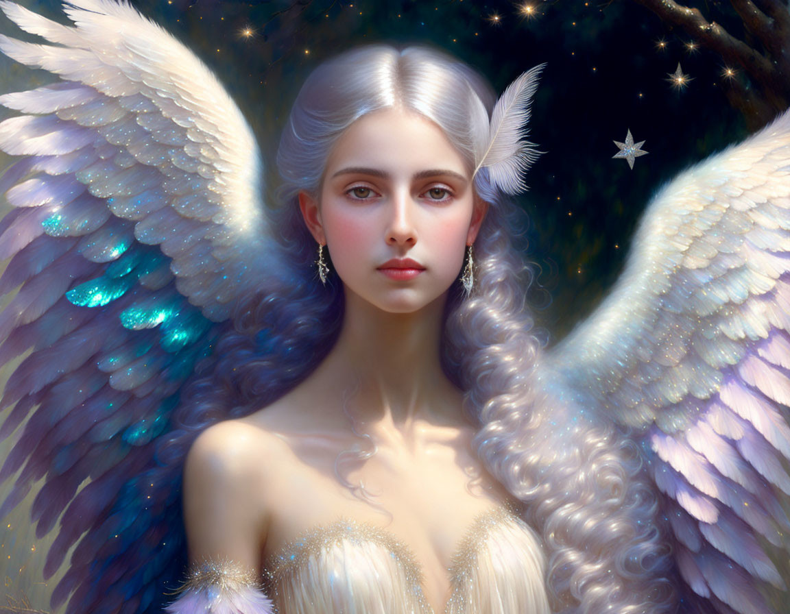 Ethereal woman with iridescent wings and silvery hair on starry night backdrop