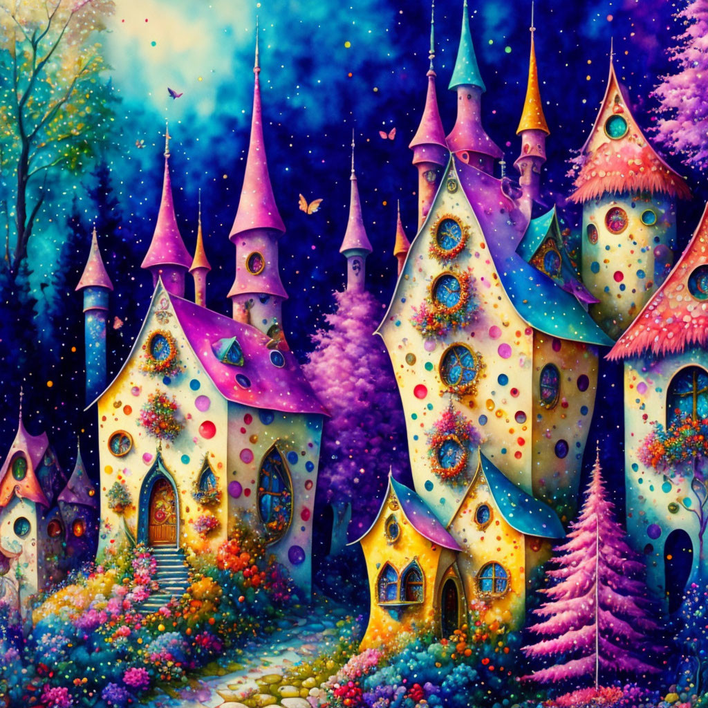 Colorful Fantasy Castle Illustration Under Starry Night Sky