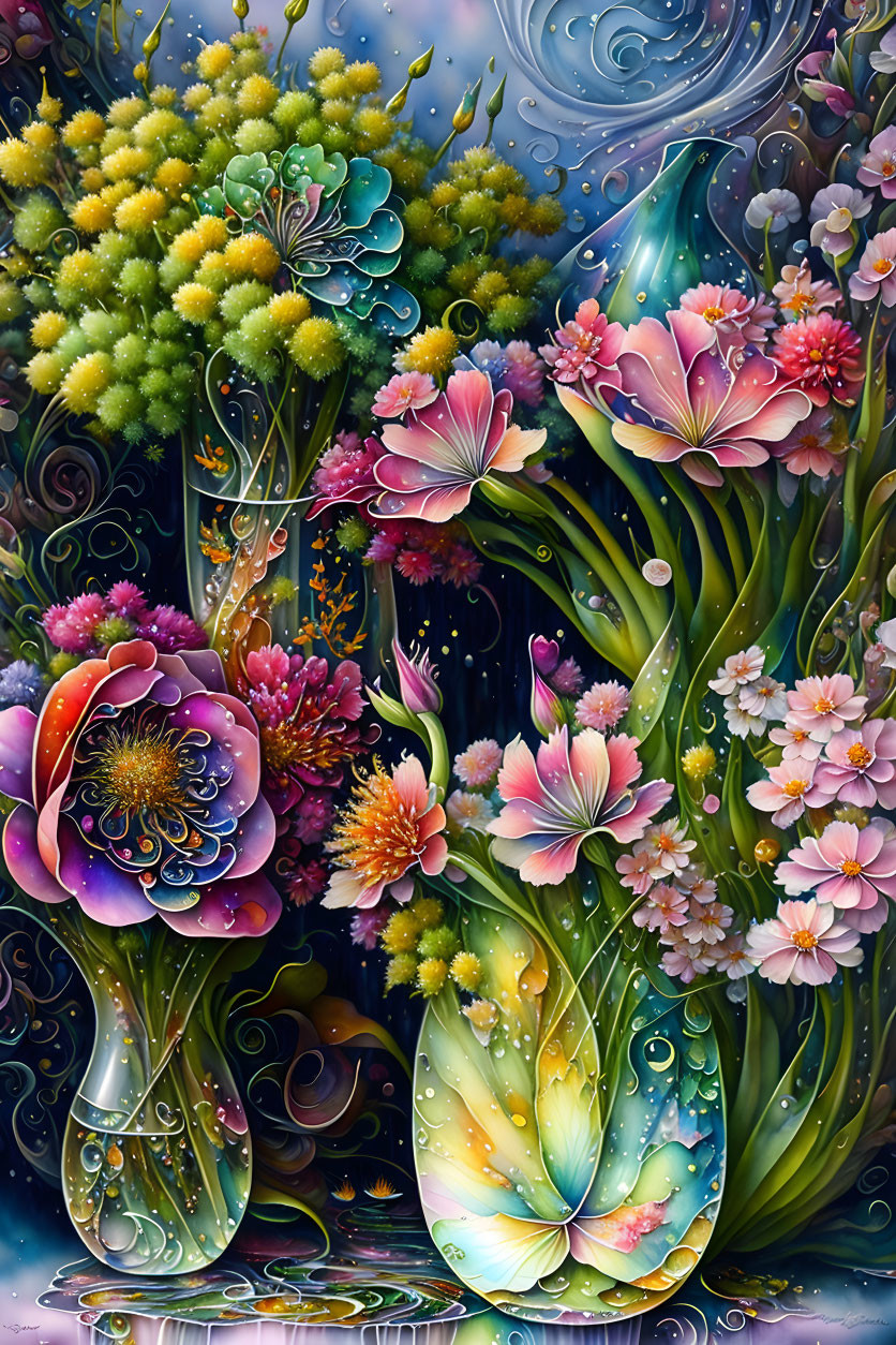 Colorful surreal artwork: flowers, plants, swirling patterns, luminous bubbles on a dark mystical background