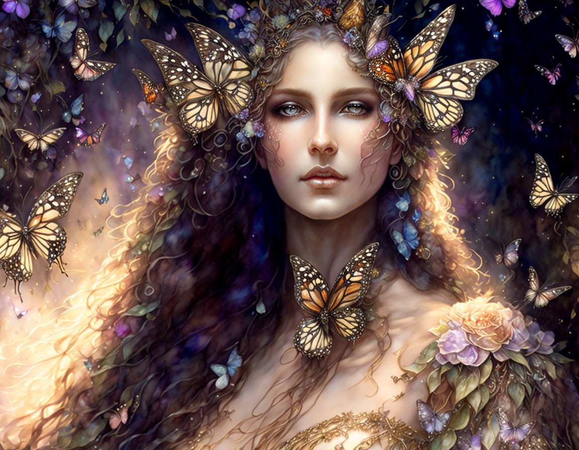 Fantasy portrait of a woman with butterflies and floral adornment on dark floral backdrop