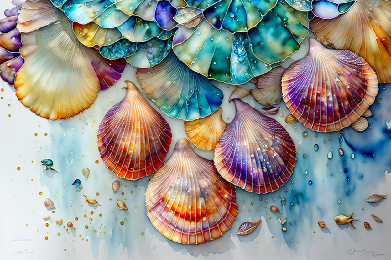 Colorful Seashell Illustrations in Blue, Purple, and Orange