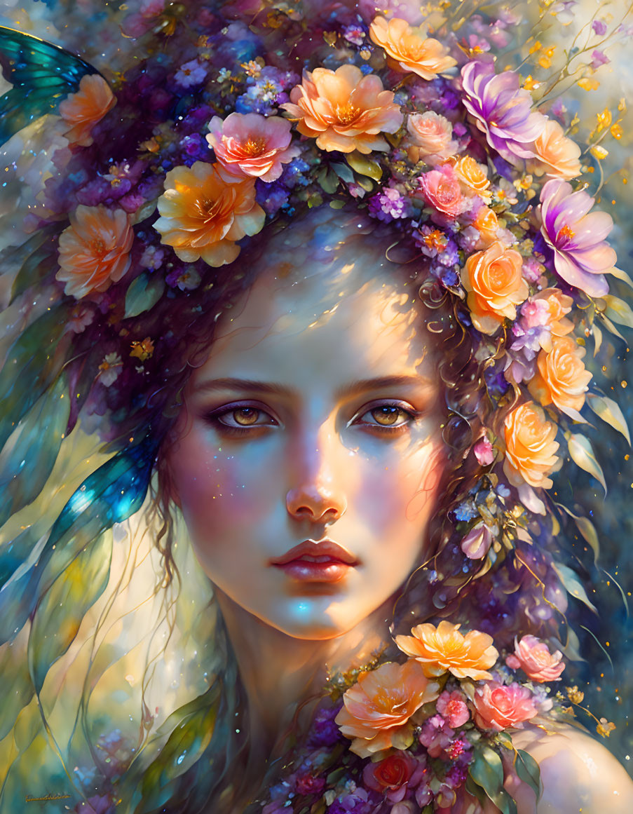 Digital artwork of a woman with floral crown and butterfly wings