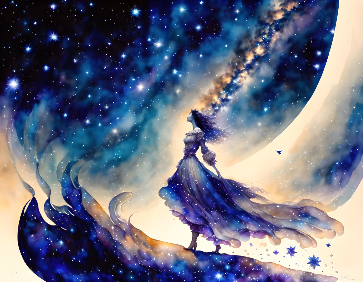 Surreal illustration: Woman in elegant gown merges with cosmic crescent moon and galaxy