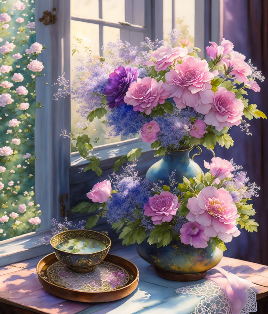 Colorful Pink and Purple Flowers in Blue Vase with Tea Cup on Wooden Tray