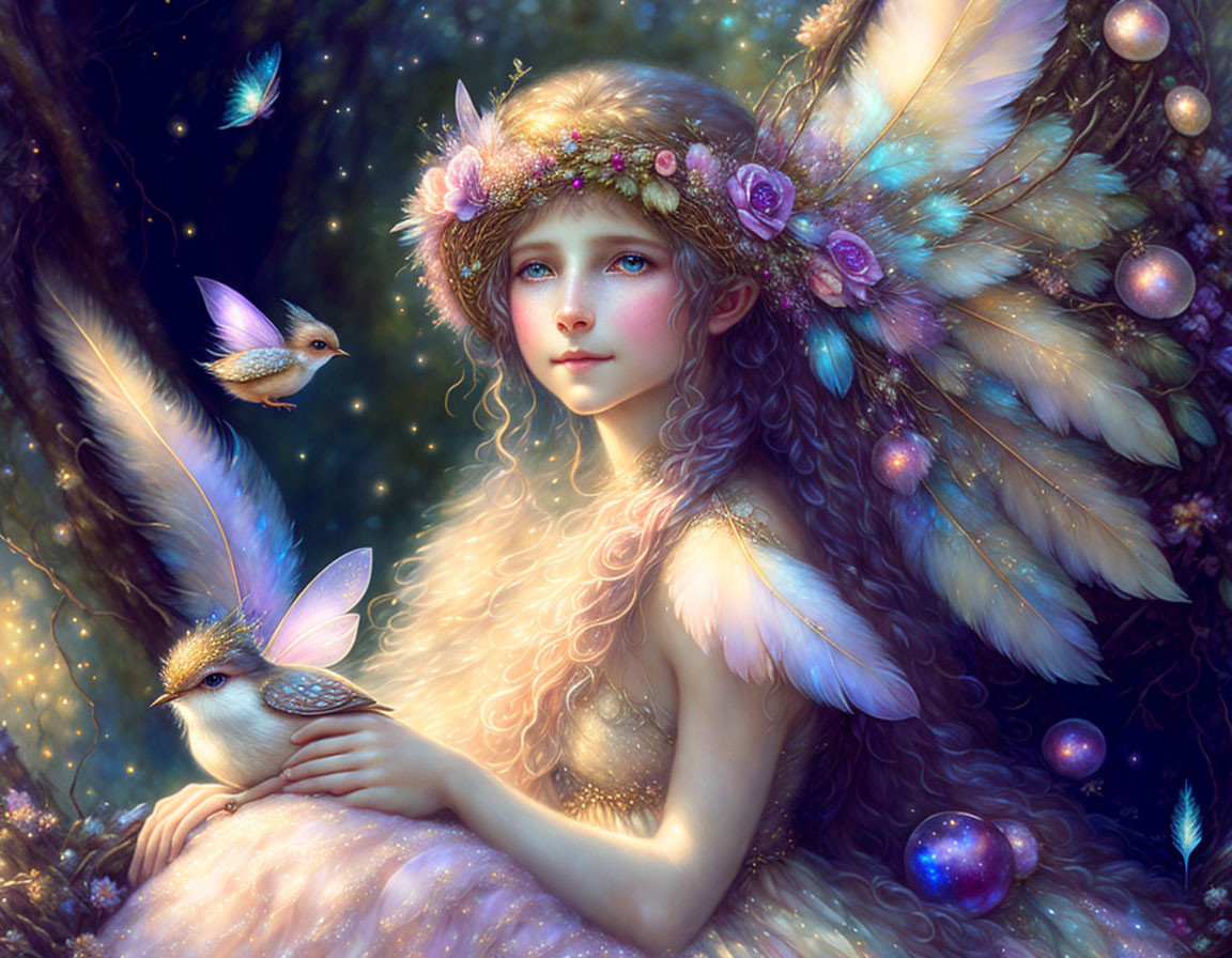 Mystical fairy with luminescent wings in enchanted forest