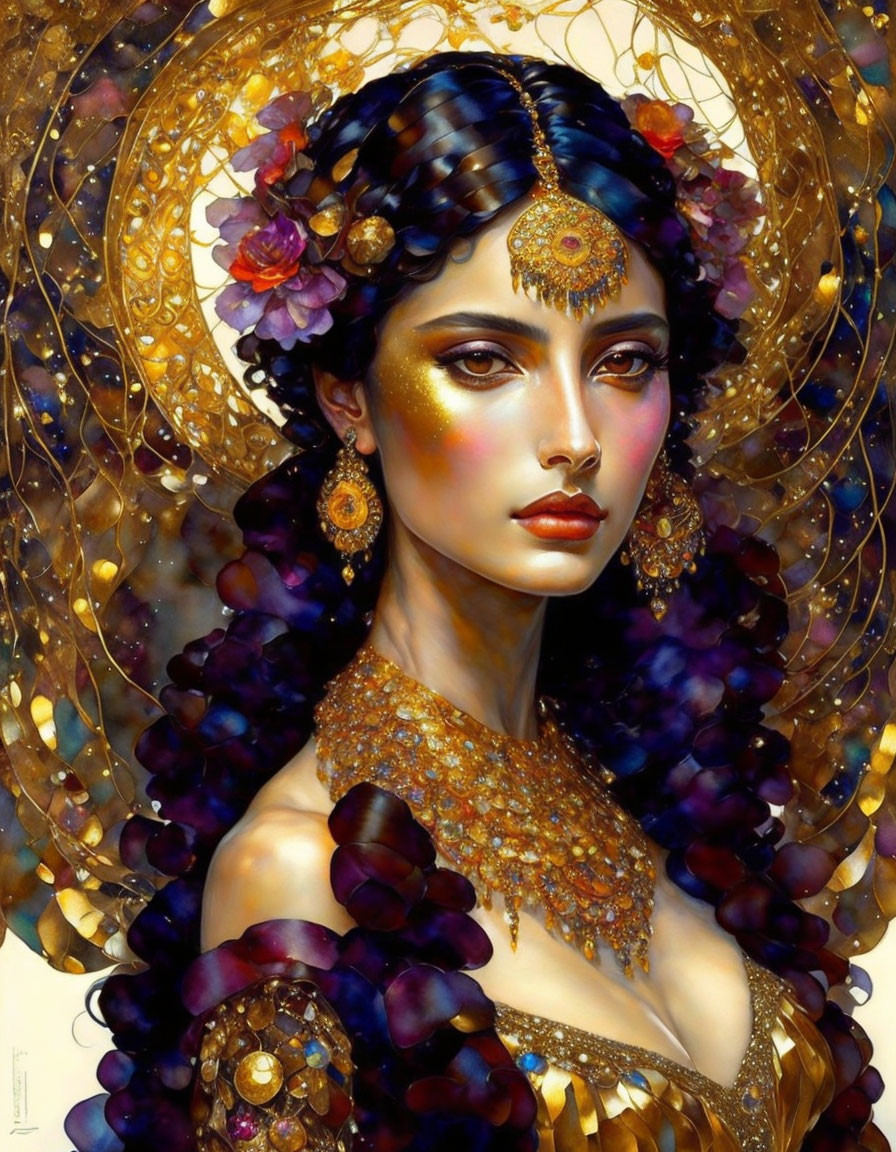 Intricate golden jewelry on woman with floral headpiece and halo in rich purple background