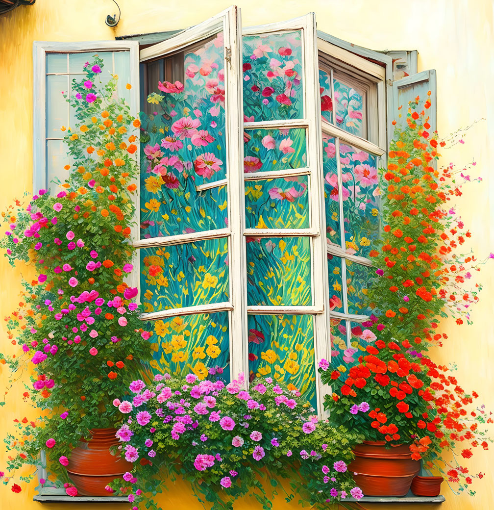 Colorful floral mural with real flowers on window sill against yellow wall