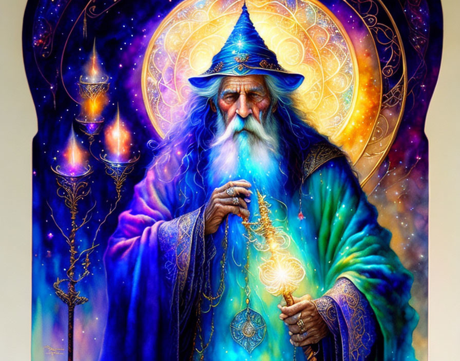 Bearded wizard with staff and cosmic pendant in starry cloak