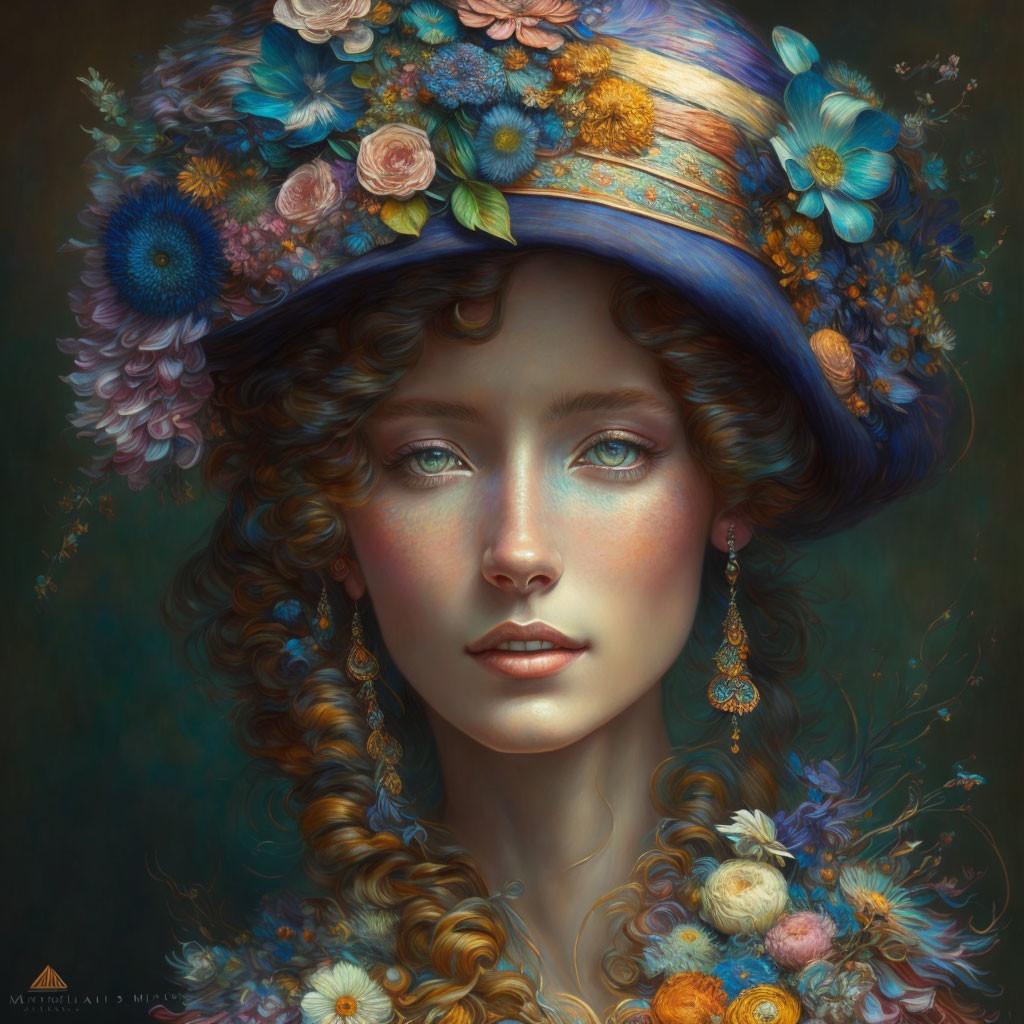 Colorful Flower-Adorned Hat Digital Portrait of Woman with Green Eyes