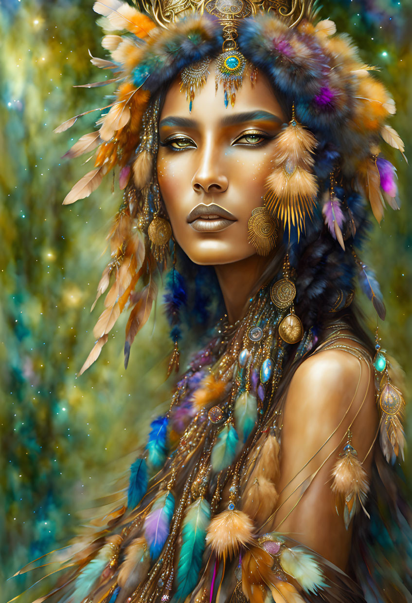 Digital portrait of a woman with feathered headdress and jewelry in mystical setting