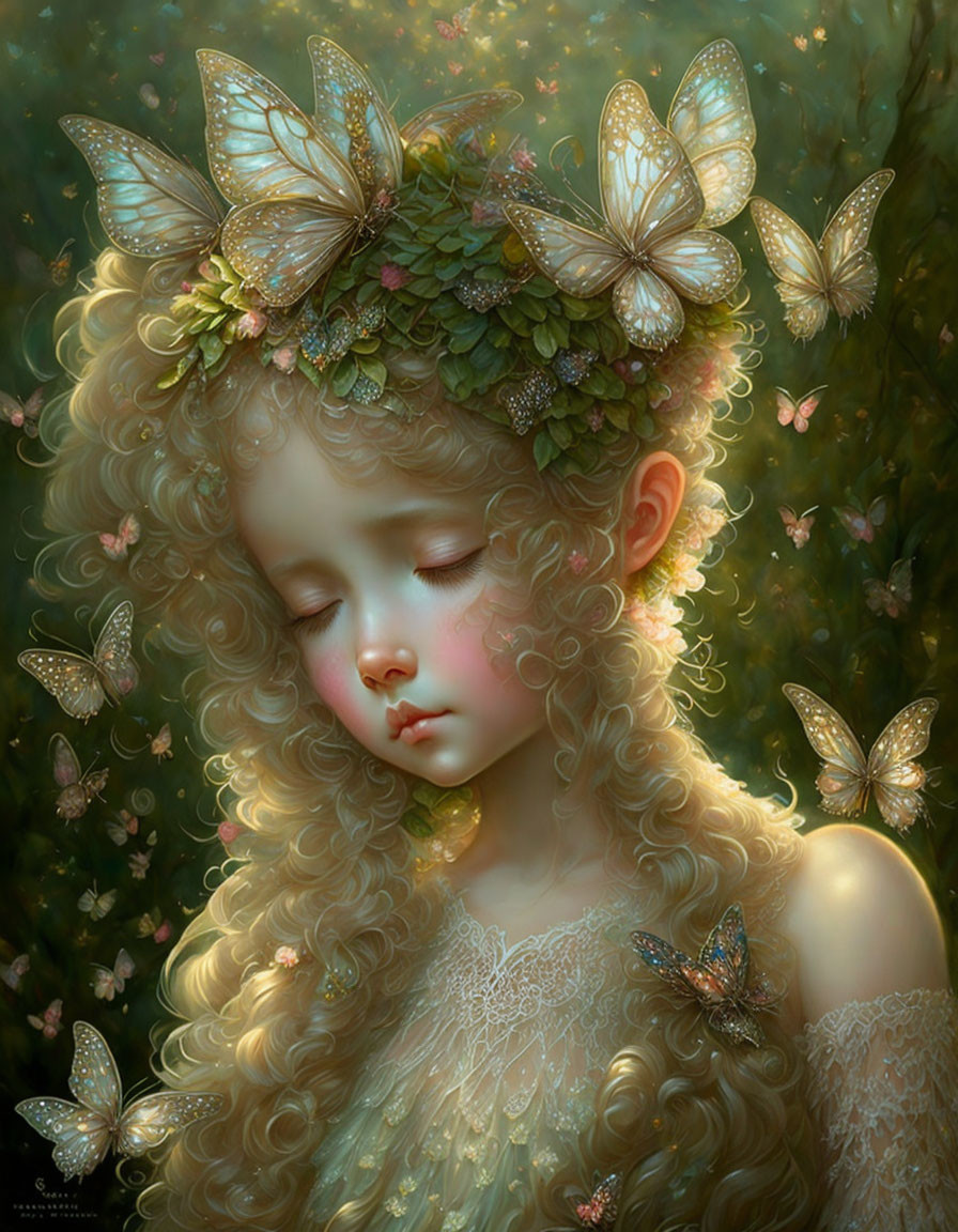 Young girl with curly hair and leafy crown surrounded by butterflies in lush green setting