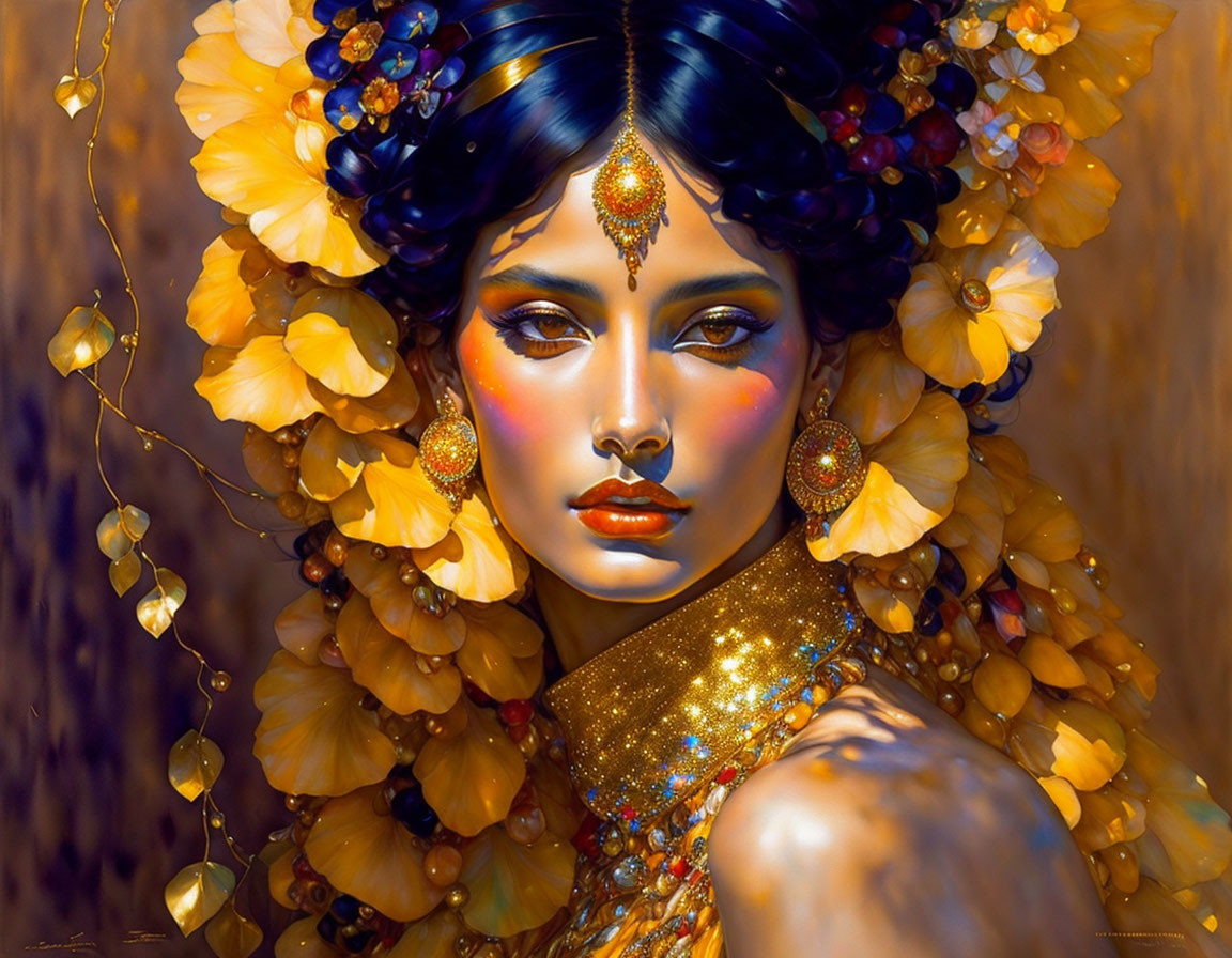 Colorful portrait of woman with floral decorations and ornate headpiece