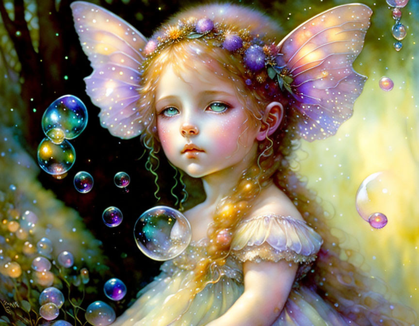 Fantasy illustration of young girl with butterfly wings in magical setting